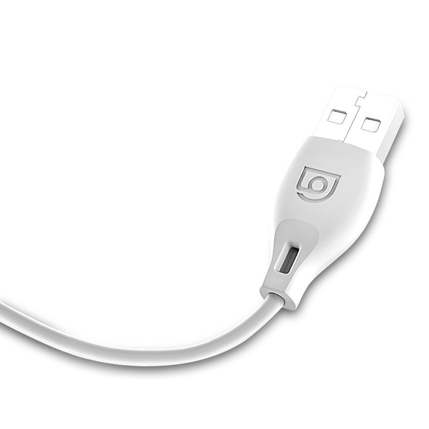 Biały kabel USB z widocznym logo producenta na wtyczce. Kabel jest gładki i ma zaokrąglone krawędzie.