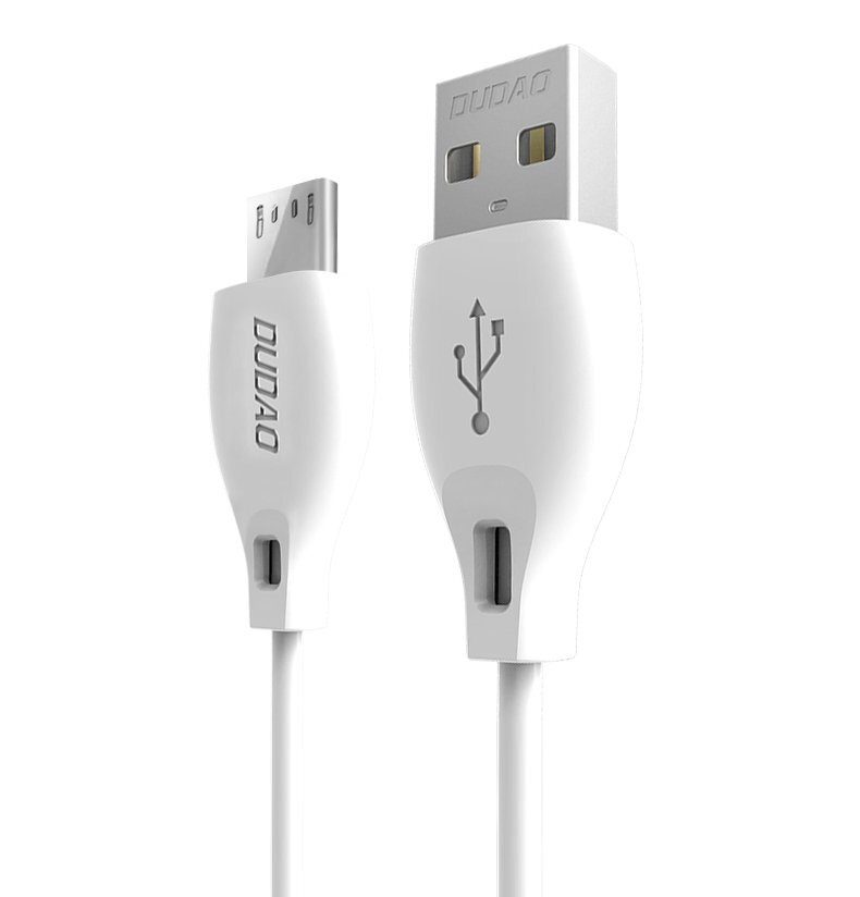 Biały kabel USB z końcówkami micro USB i USB, z widocznym logo \'DUDAO\' na obu końcówkach. Na jednej z końcówek znajduje się symbol USB.