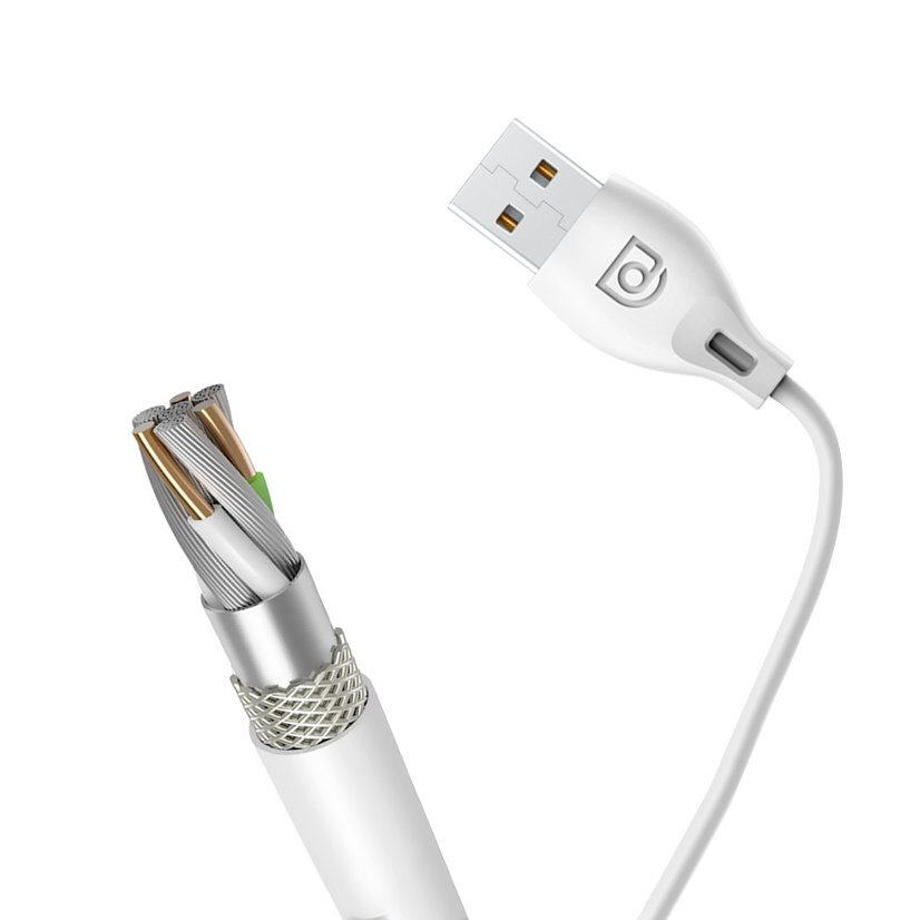 Biały kabel USB z widocznym przekrojem, ukazującym wewnętrzne przewody i oplot. Na wtyczce USB znajduje się logo w kształcie litery \'D\'.