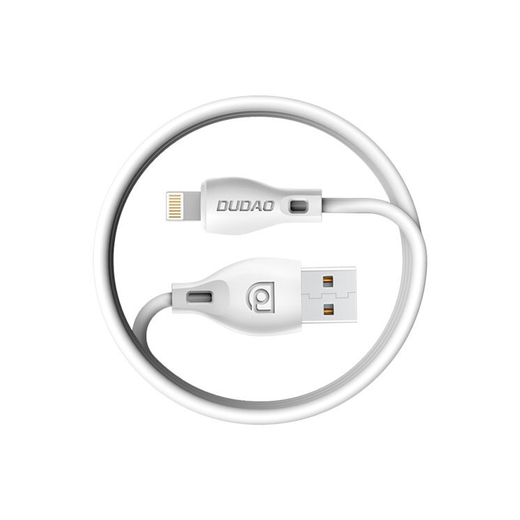 Biały kabel USB z końcówkami micro USB i USB, z widocznym logo \'DUDAO\' na jednej z końcówek. Kabel jest zwinięty w okrąg.