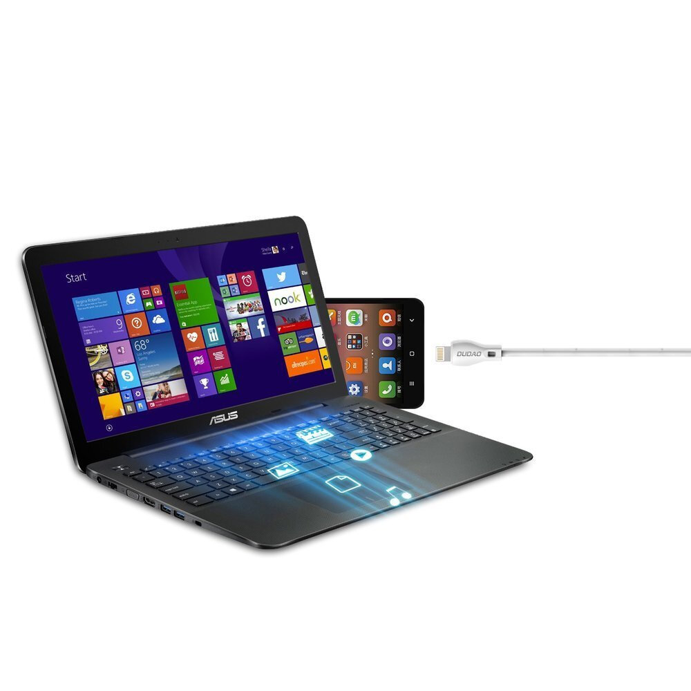Na obrazie widoczny jest laptop z wyświetlonymi ikonami na ekranie oraz smartfon stojący za nim. Obok znajduje się biały kabel z napisem \'DUDAO\'.