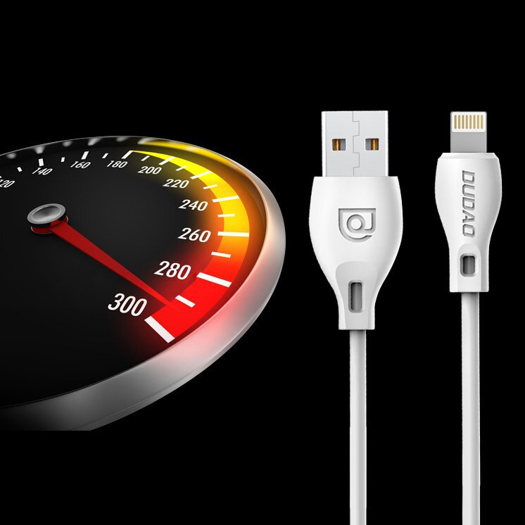 Obraz przedstawia biały kabel USB z logo \'DUDAO\' oraz prędkościomierz z czerwono-żółtą skalą sięgającą 300.