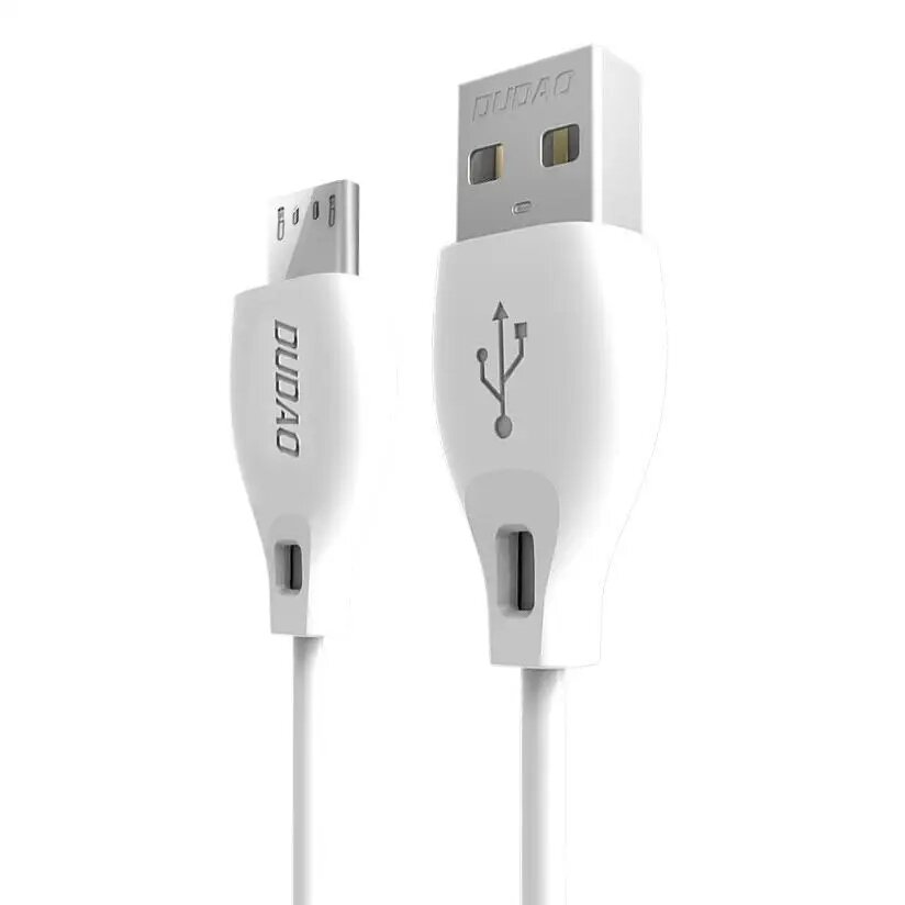 Biały kabel USB z końcówkami micro USB i USB, z widocznym logo \'DUDAO\' oraz symbolem USB na jednej z końcówek.