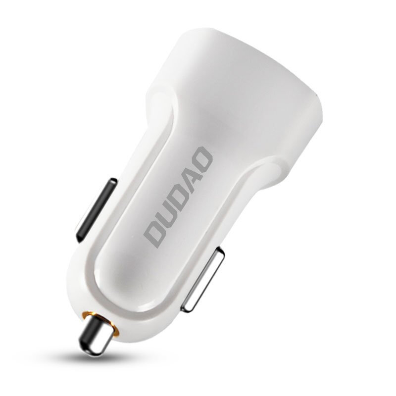 Biała samochodowa ładowarka z dwoma portami USB, na której widnieje napis \'DUDAO\'.