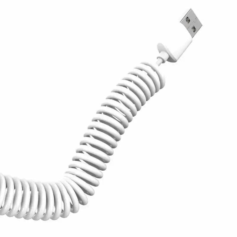 Biały, spiralny kabel USB z widoczną końcówką USB typu A.