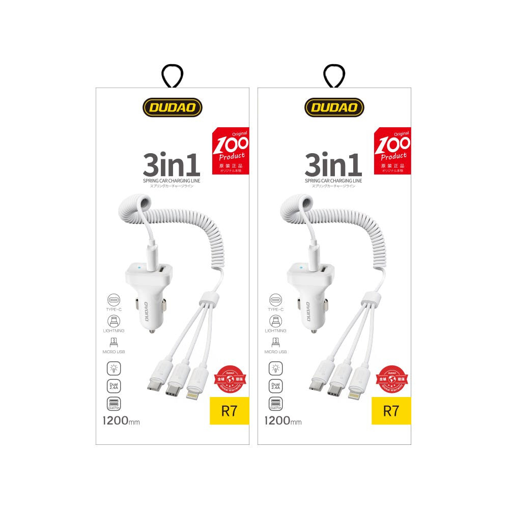 Obraz przedstawia dwa opakowania produktu Dudao z zestawem samochodowej ładowarki 2X USB 2.4A i kablem 3w1 (Lightning, Typ C, Micro USB) w kolorze białym. Na opakowaniach widnieje napis \'3in1 SPRING CAR CHARGING LINE\' oraz logo Dudao.