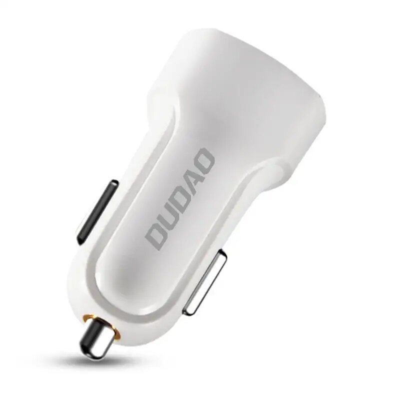 Biała samochodowa ładowarka z dwoma portami USB, z widocznym napisem \'DUDAO\'.