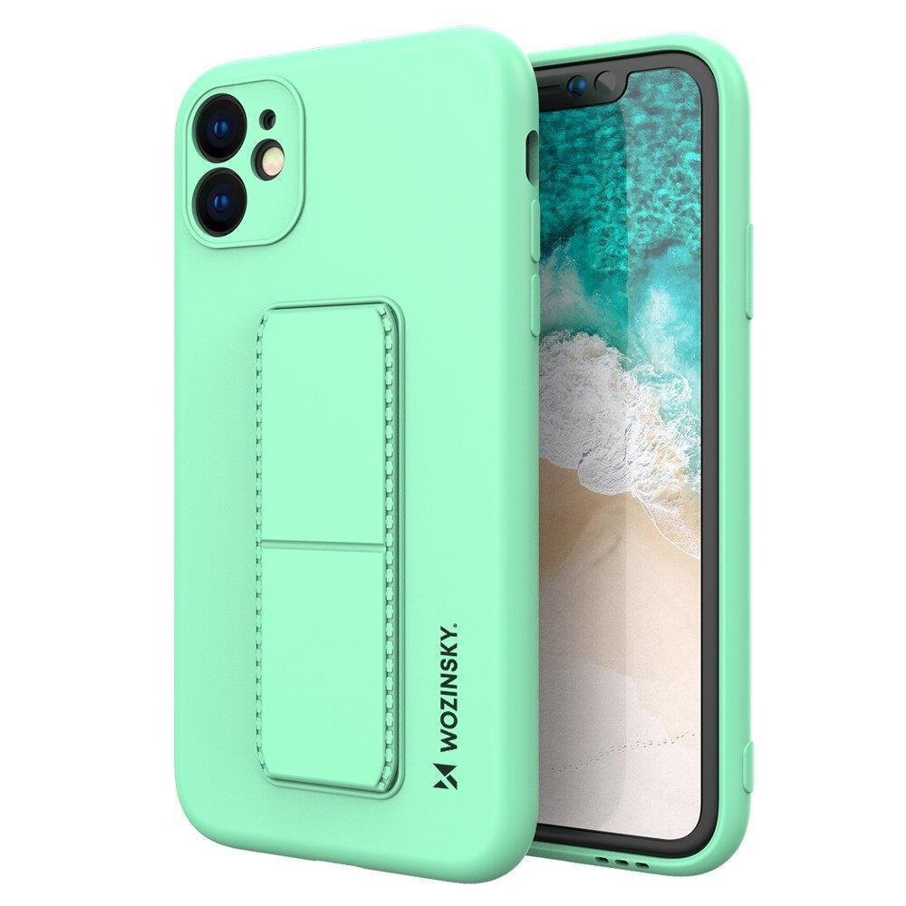 Miętowe silikonowe etui na telefon z podstawką, z widocznym logo \'WOZINSKY\'. Etui jest założone na telefon, którego ekran wyświetla obraz plaży i oceanu.