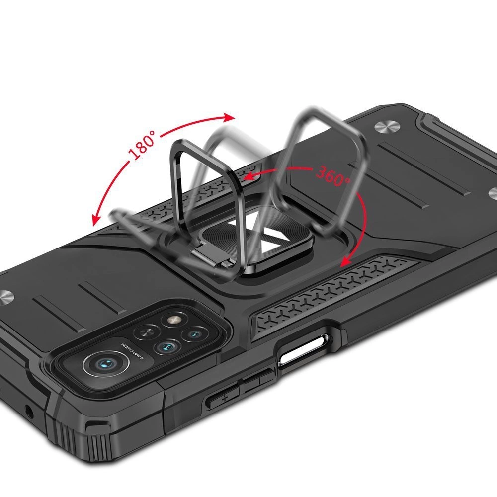 Czarne etui na telefon z wbudowanym uchwytem magnetycznym, który można obracać o 180° i 360°. Widoczne są również otwory na aparat oraz przyciski boczne.