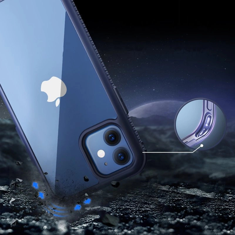 Obraz przedstawia czarne etui ochronne na telefon z widocznym logo w kształcie jabłka. W tle widać ciemne, kosmiczne tło z księżycem i unoszącymi się odłamkami.