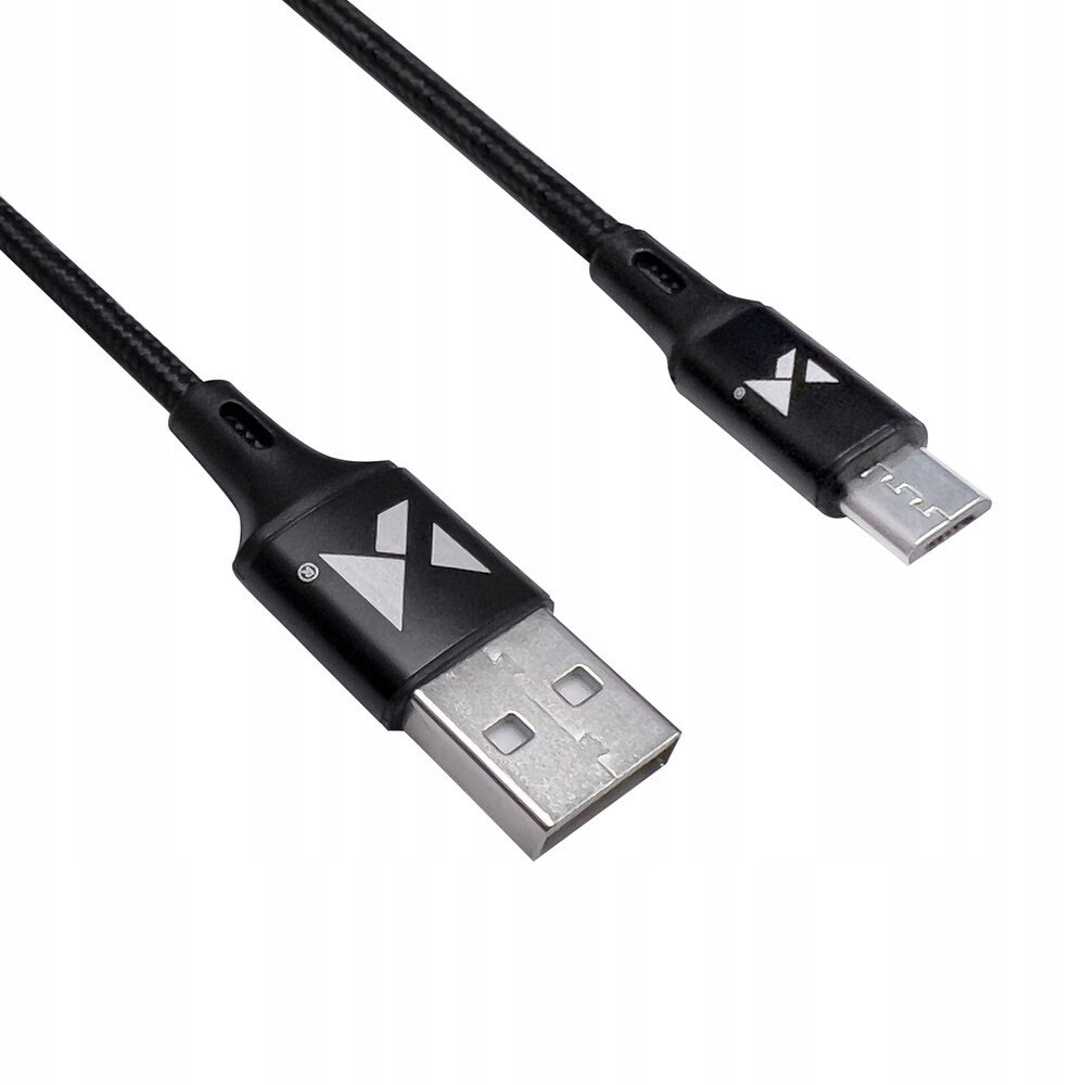 Na obrazie widoczny jest czarny przewód USB z końcówkami USB i micro USB, z logo w kształcie litery \'X\' na obu końcówkach.