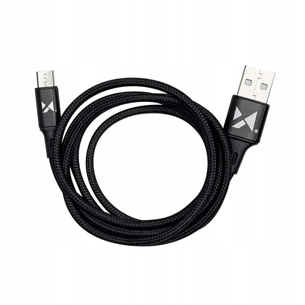Czarny przewód USB z końcówkami USB i micro USB, opleciony materiałem. Na obu końcówkach widoczne jest logo w kształcie litery X.