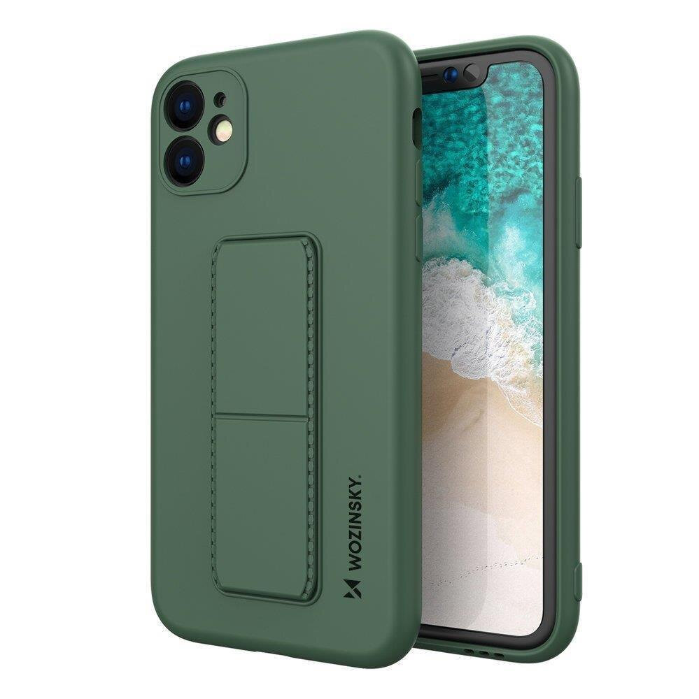 Ciemnozielone silikonowe etui z podstawką na telefon, z widocznym logo \'WOZINSKY\'. Etui posiada wycięcia na aparat i przyciski.