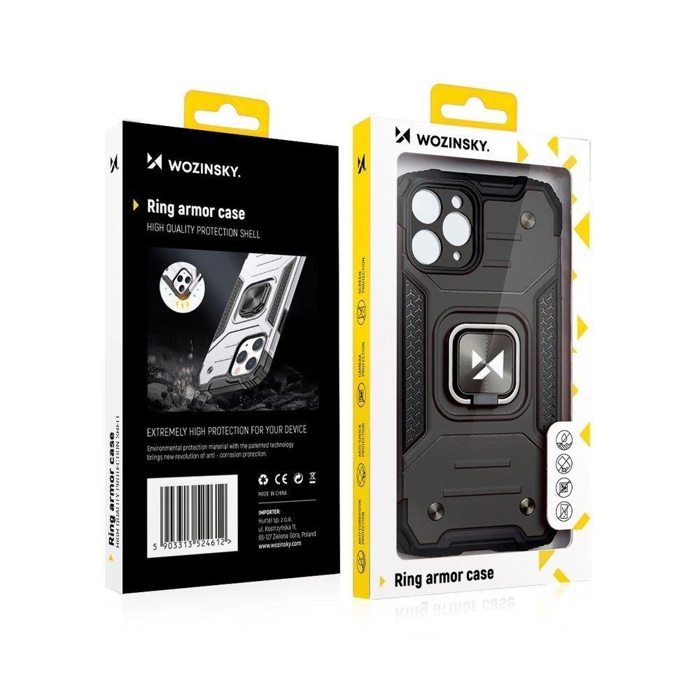 Na obrazie widoczne są dwa opakowania etui Wozinsky Ring Armor Case. Opakowania prezentują etui z uchwytem magnetycznym i wzmacnianą konstrukcją, a na jednym z nich widnieje napis \'Ring armor case\'.
