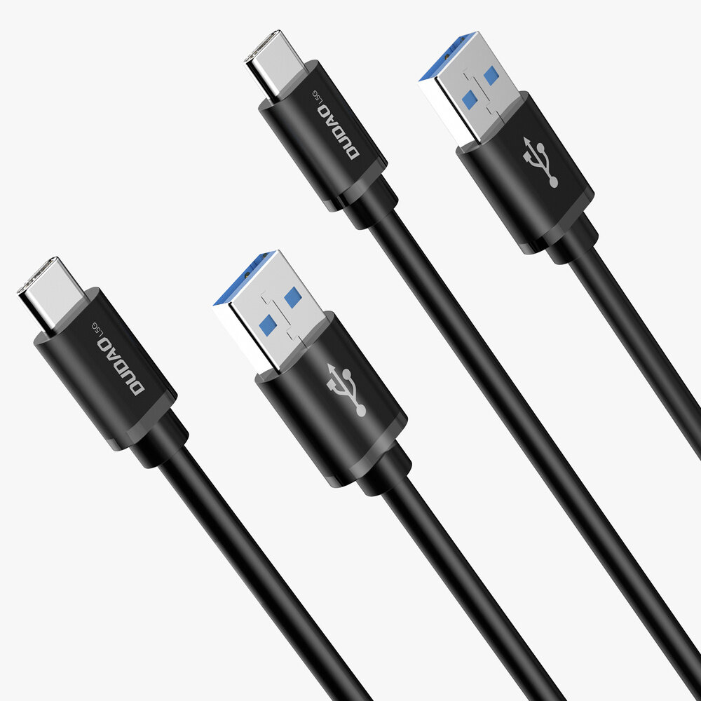 Na obrazie widoczne są cztery czarne kable USB z końcówkami USB Typ C i USB, z logo \'Dudao\' na obudowach wtyczek. Wtyczki USB mają niebieskie wnętrza, a na jednej z nich widoczny jest symbol USB.