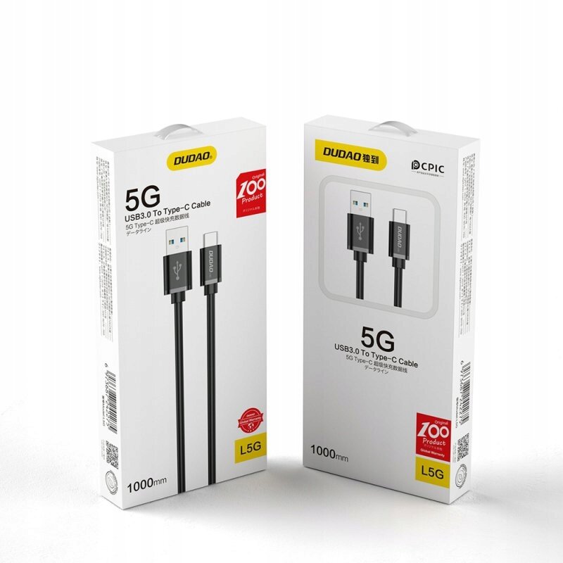 Na obrazie widoczne są dwa opakowania produktu Dudao z napisem \'5G USB3.0 To Type-C Cable\'. Opakowania mają oznaczenie \'1000mm\' i logo Dudao oraz CPIC.