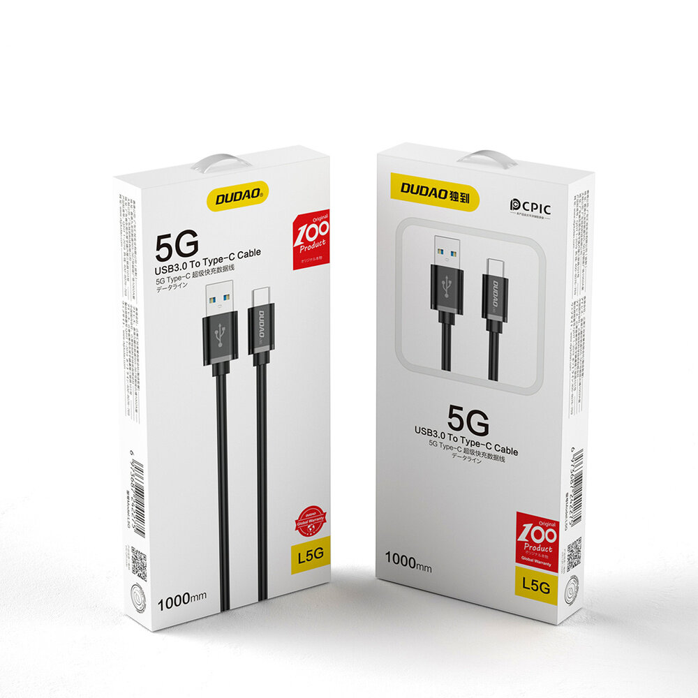 Na obrazie znajdują się dwa opakowania kabli USB3.0 do Type-C marki Dudao, oznaczone jako 5G. Opakowania mają białe tło z czarnymi kablami i napisami, a także żółte logo Dudao i oznaczenie L5G.