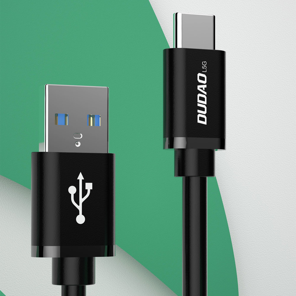 Obraz przedstawia czarny kabel USB z końcówkami USB i USB Typ C. Na końcówce USB Typ C widnieje napis \'DUDAO L5G\'.