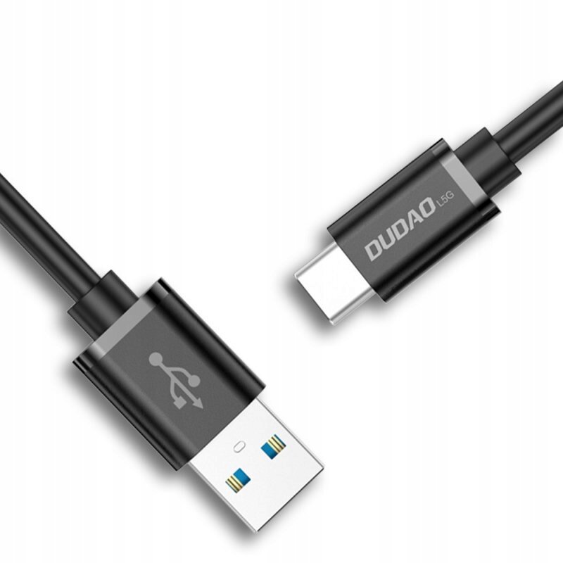 Obraz przedstawia czarny kabel USB z końcówkami USB i USB Typ C. Na jednej z końcówek widnieje napis \'DUDAO L5G\'.