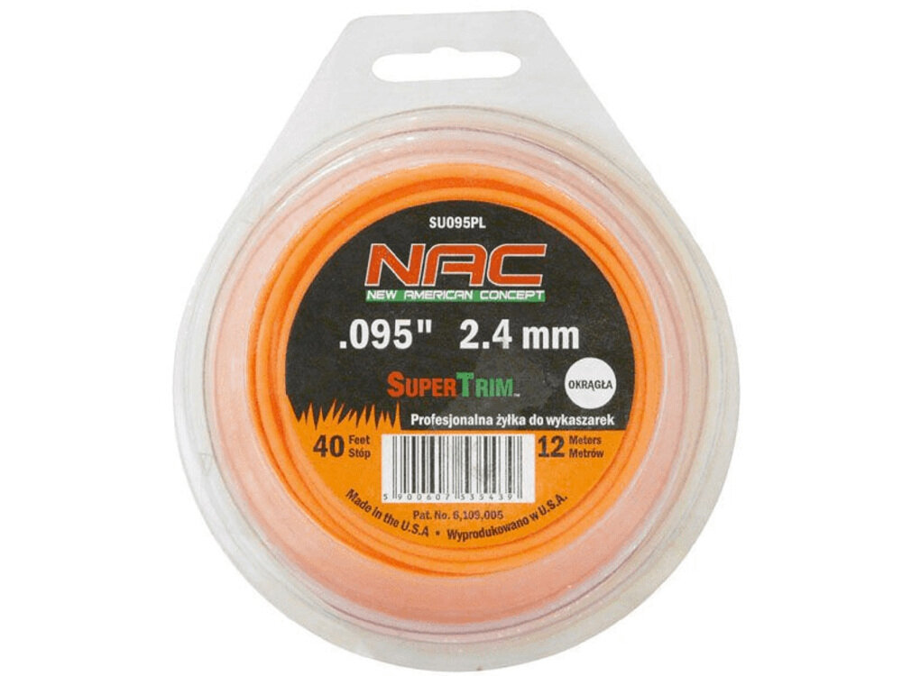 Żyłka tnąca NAC SU095PL doskonała wytrzymałość bardziej wydajna zaawansowana technologia doświadczenie trwała odporna do kos spalinowych podkaszarek kwadratowy kształt ostre krawędzie tnące przekrój żyłki szerokość 2,4 mm długość do 12 m