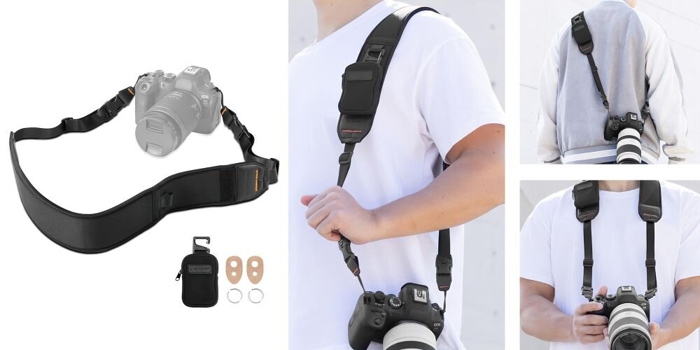 Zdjęcie produktowe paska K&F Concept Urban Wander 01 i 3 warianty noszenia paska prezentowane przez młodego mężczyznę