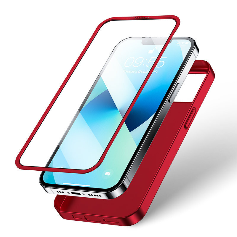 Obraz przedstawia czerwone etui na telefon z przezroczystą osłoną na ekran. Telefon wyświetla godzinę 09:55 i datę Tuesday, October 19.