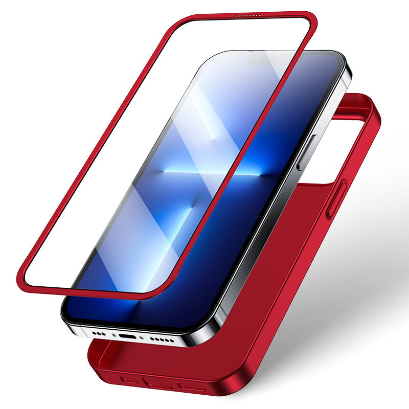 Obraz przedstawia czerwone etui na telefon oraz szkło hartowane, które są przeznaczone dla iPhone 13 Pro Max. Etui ma wycięcia na przyciski i porty, a szkło jest przezroczyste.