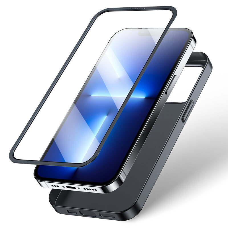Obraz przedstawia etui i szkło hartowane do telefonu, ukazane w formie trójwymiarowej wizualizacji. Etui jest w kolorze ciemnym, a szkło hartowane jest przezroczyste.