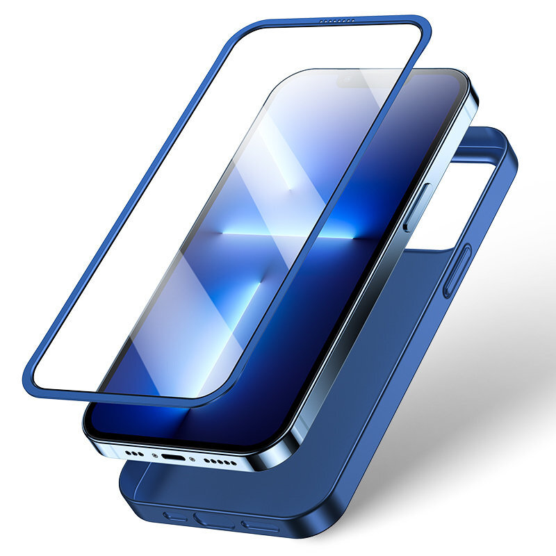 Obraz przedstawia niebieskie etui na telefon z wzmocnionymi rogami oraz szkło hartowane. Etui jest pokazane w trzech częściach: przód, tył i szkło ochronne.