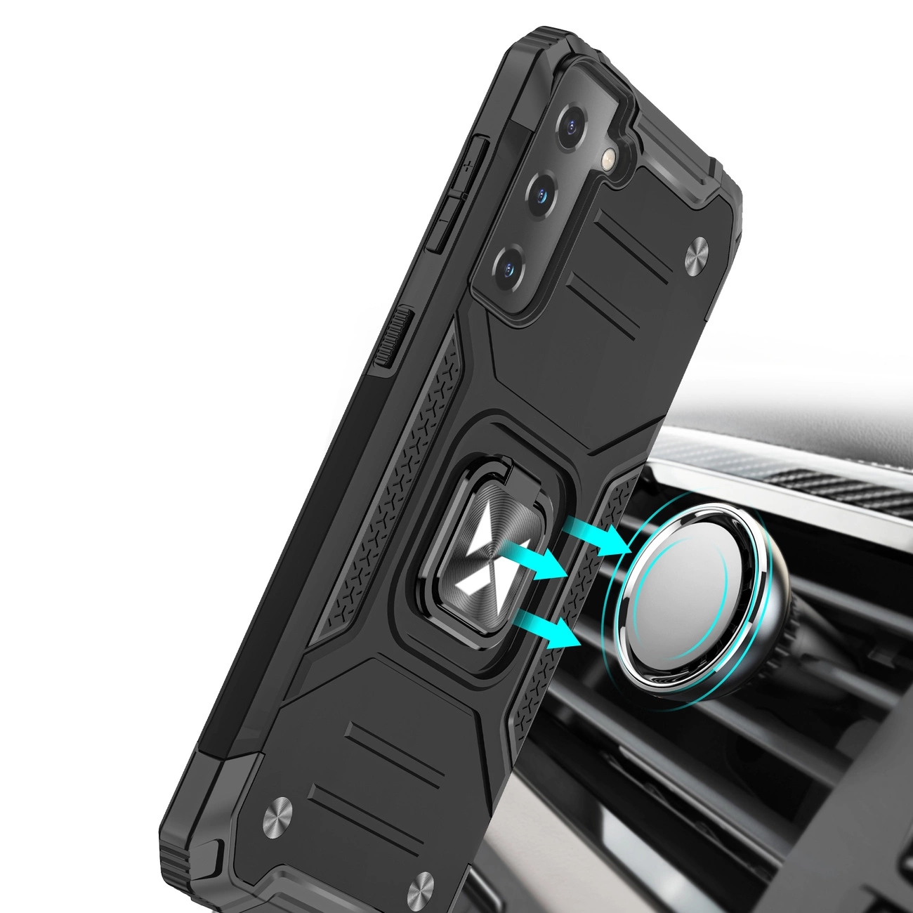 Czarne etui ochronne z wyraźnymi wzmocnieniami i magnetycznym uchwytem, zamontowane na kratce wentylacyjnej samochodu. Etui posiada wycięcia na aparat i przyciski boczne telefonu.
