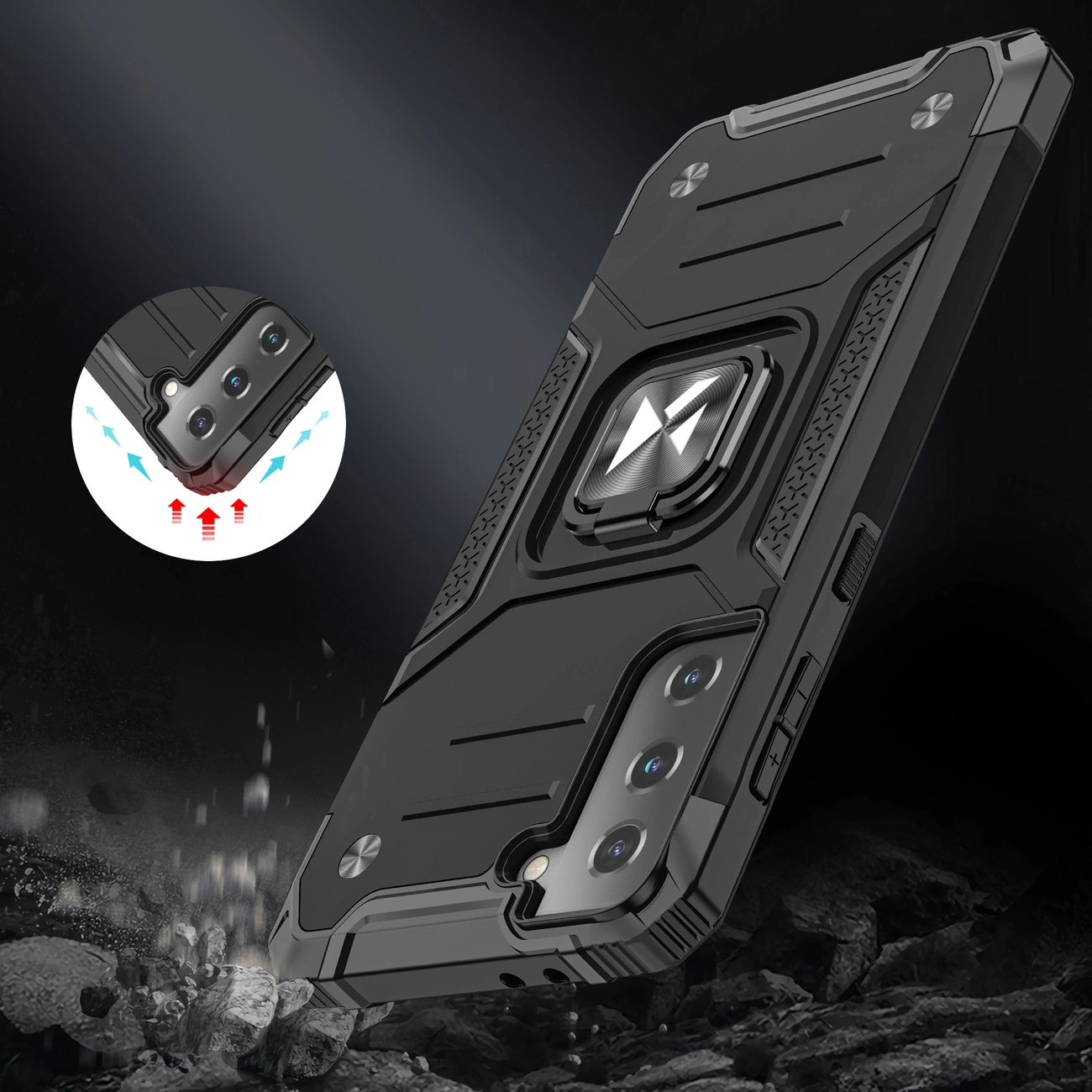 Czarne, pancerne etui na telefon z magnetycznym uchwytem, posiada wycięcia na aparat i przyciski. W tle widoczne są skały, a w lewym górnym rogu znajduje się okrągła grafika pokazująca ochronę aparatu.