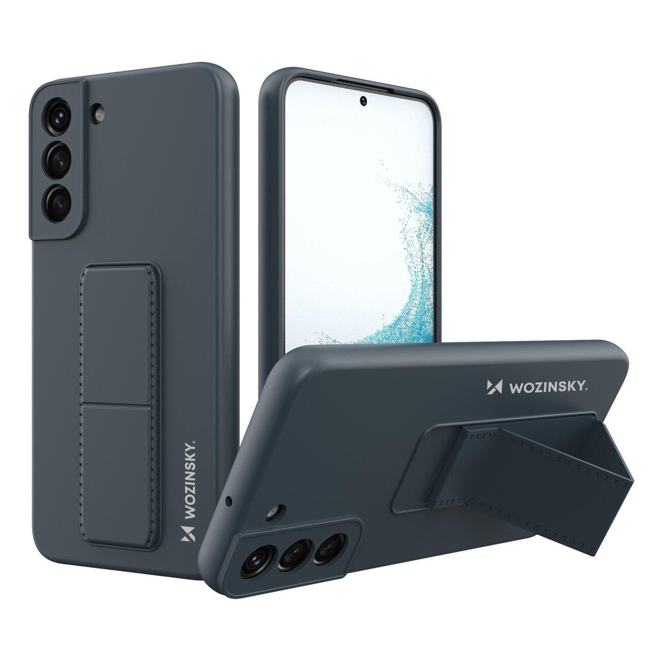 Na obrazie widoczne jest granatowe silikonowe etui z podstawką do telefonu, z trzema otworami na aparat. Na etui znajduje się logo \'WOZINSKY\'.