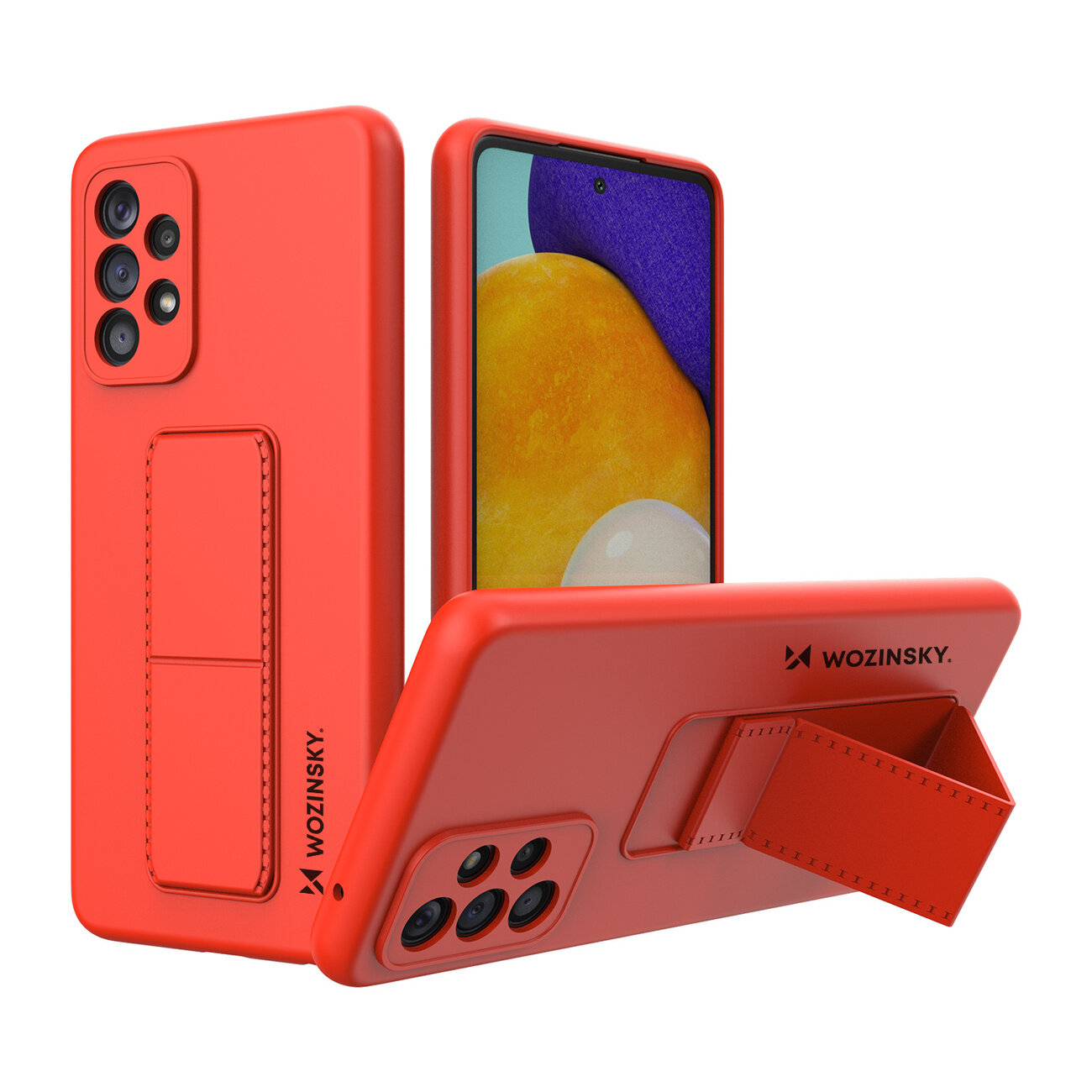 Czerwone silikonowe etui z podstawką do telefonu, z widocznym logo \'WOZINSKY\'. Etui posiada wycięcia na aparat i przyciski oraz wbudowaną podstawkę.