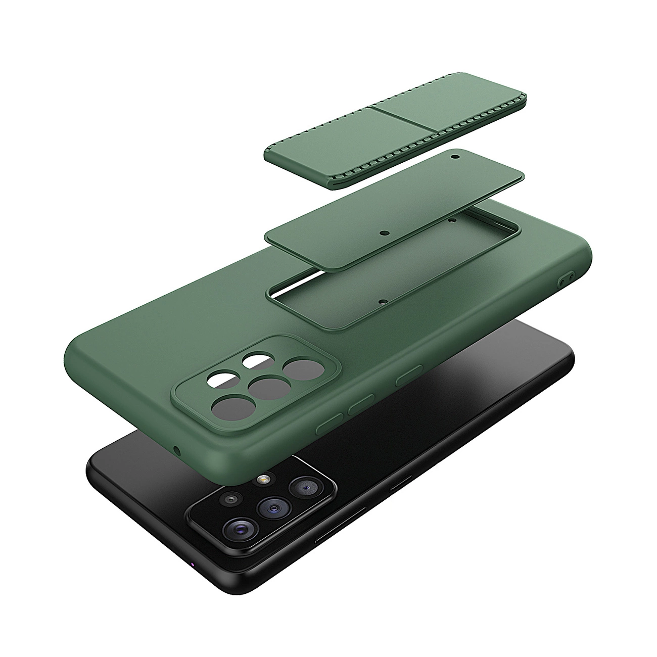 Obraz przedstawia zielone silikonowe etui z podstawką, przeznaczone na telefon z widocznymi otworami na aparat. Etui jest pokazane w formie rozłożonej, z widocznymi elementami konstrukcyjnymi.