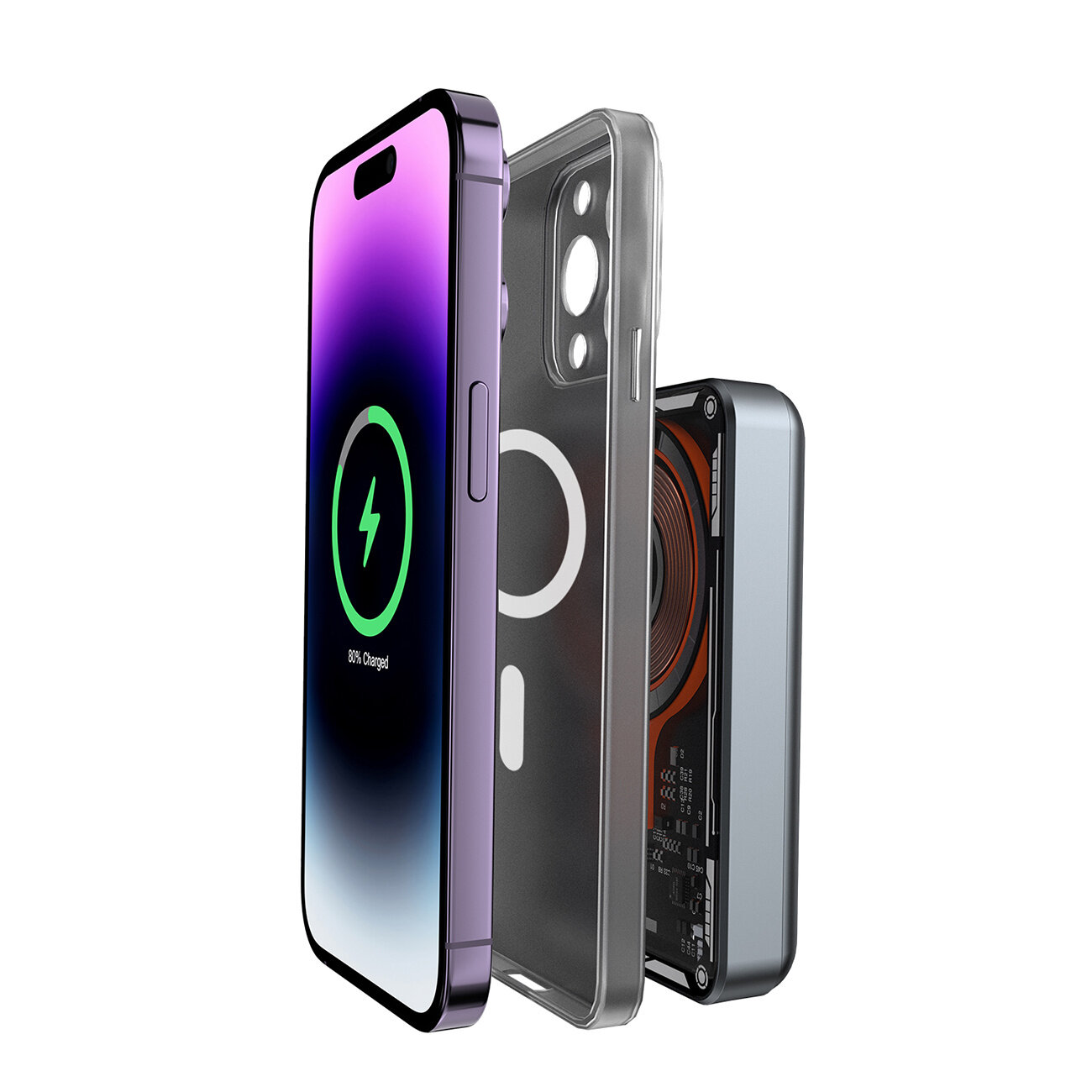 Obraz przedstawia trzy elementy: smartfon z wyświetlaczem pokazującym ikonę ładowania i napis \'80% Charged\', przezroczystą obudowę oraz czarny powerbank z widocznymi elementami wewnętrznymi. Powerbank ma okrągły element sugerujący funkcję ładowania bezprzewodowego.