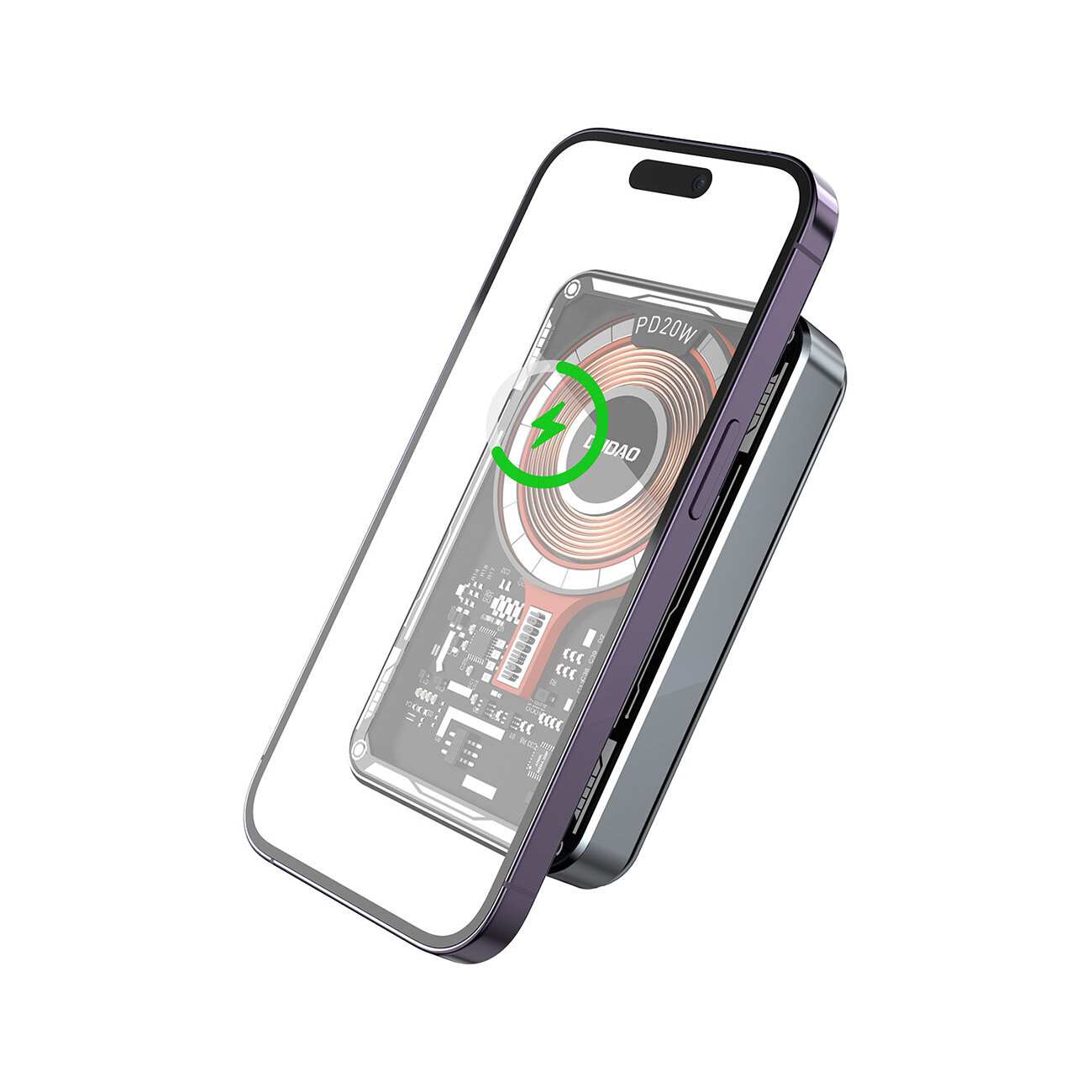 Obraz przedstawia czarny powerbank z ładowarką bezprzewodową, z widocznym wnętrzem ukazującym cewkę indukcyjną i oznaczenie PD 20W. Na ekranie urządzenia widoczna jest zielona ikona ładowania.
