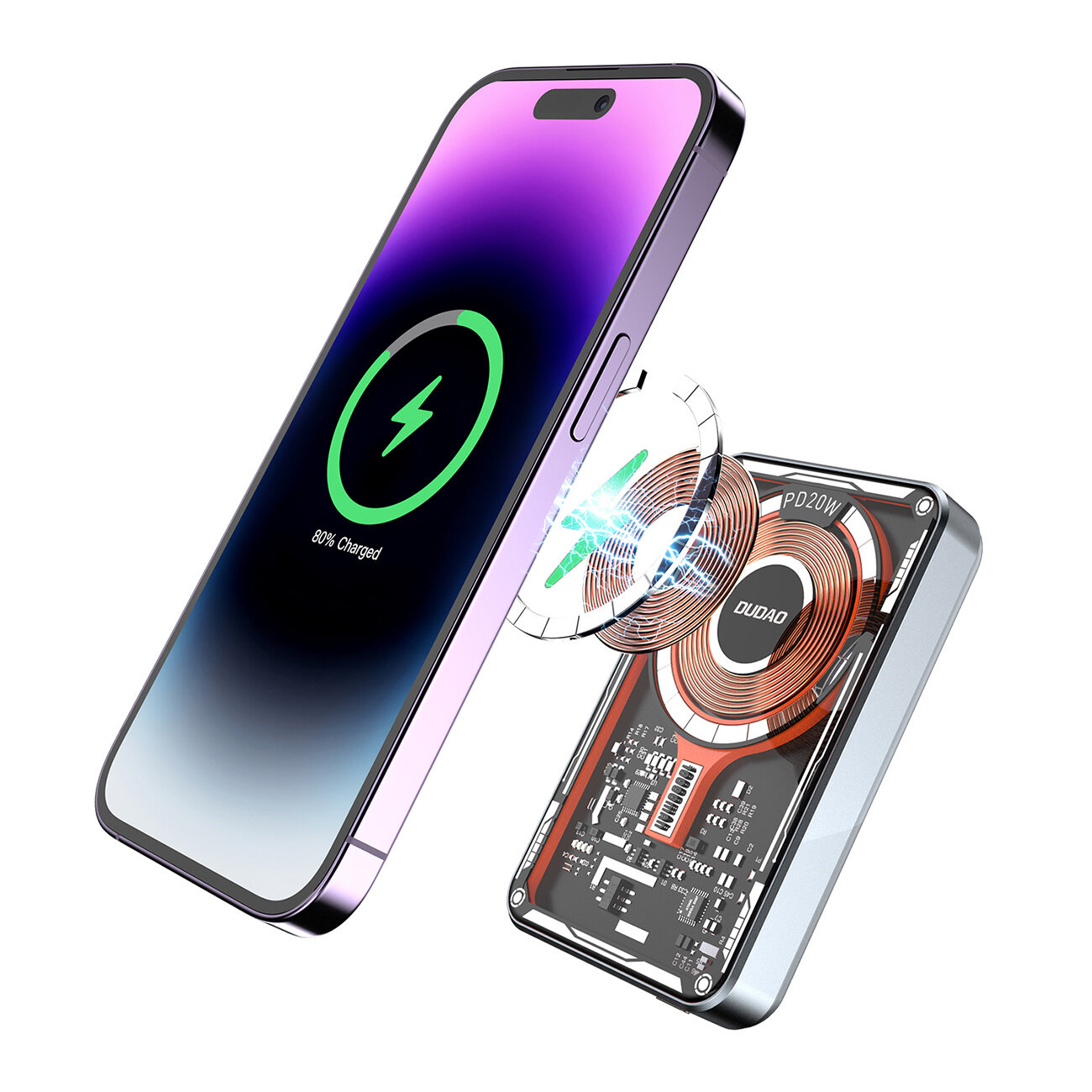 Obraz przedstawia smartfon z wyświetlaczem pokazującym ikonę ładowania i napis \'80% Charged\', obok którego znajduje się powerbank z widocznymi elementami elektronicznymi i napisem \'DUDAO PD20W\'.