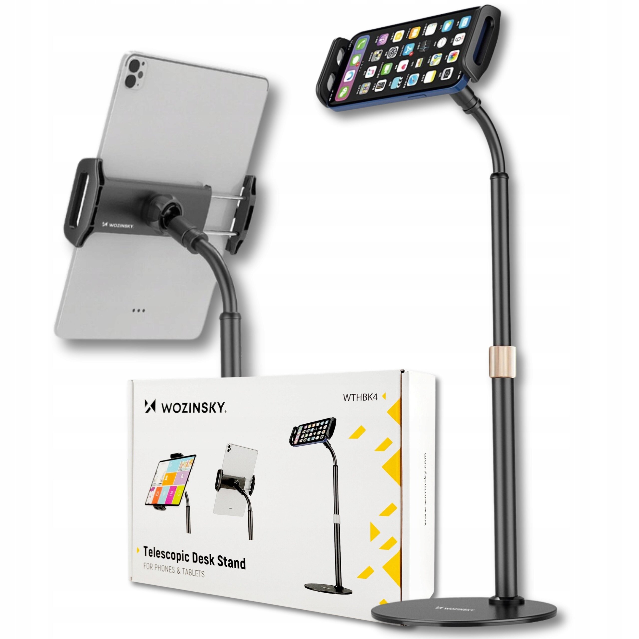 Obraz przedstawia regulowany statyw na tablet i telefon, z zamocowanym tabletem i telefonem. Na pudełku widnieje napis \'WOZINSKY Telescopic Desk Stand for Phones & Tablets\'.