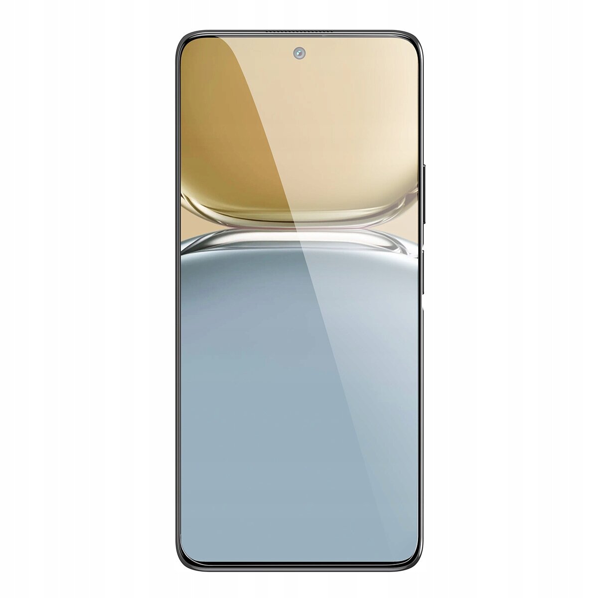 Na obrazie widoczny jest smartfon z dużym ekranem, na którym wyświetlany jest abstrakcyjny wzór w odcieniach złota i srebra. Telefon ma cienkie ramki i centralnie umieszczoną kamerę przednią.