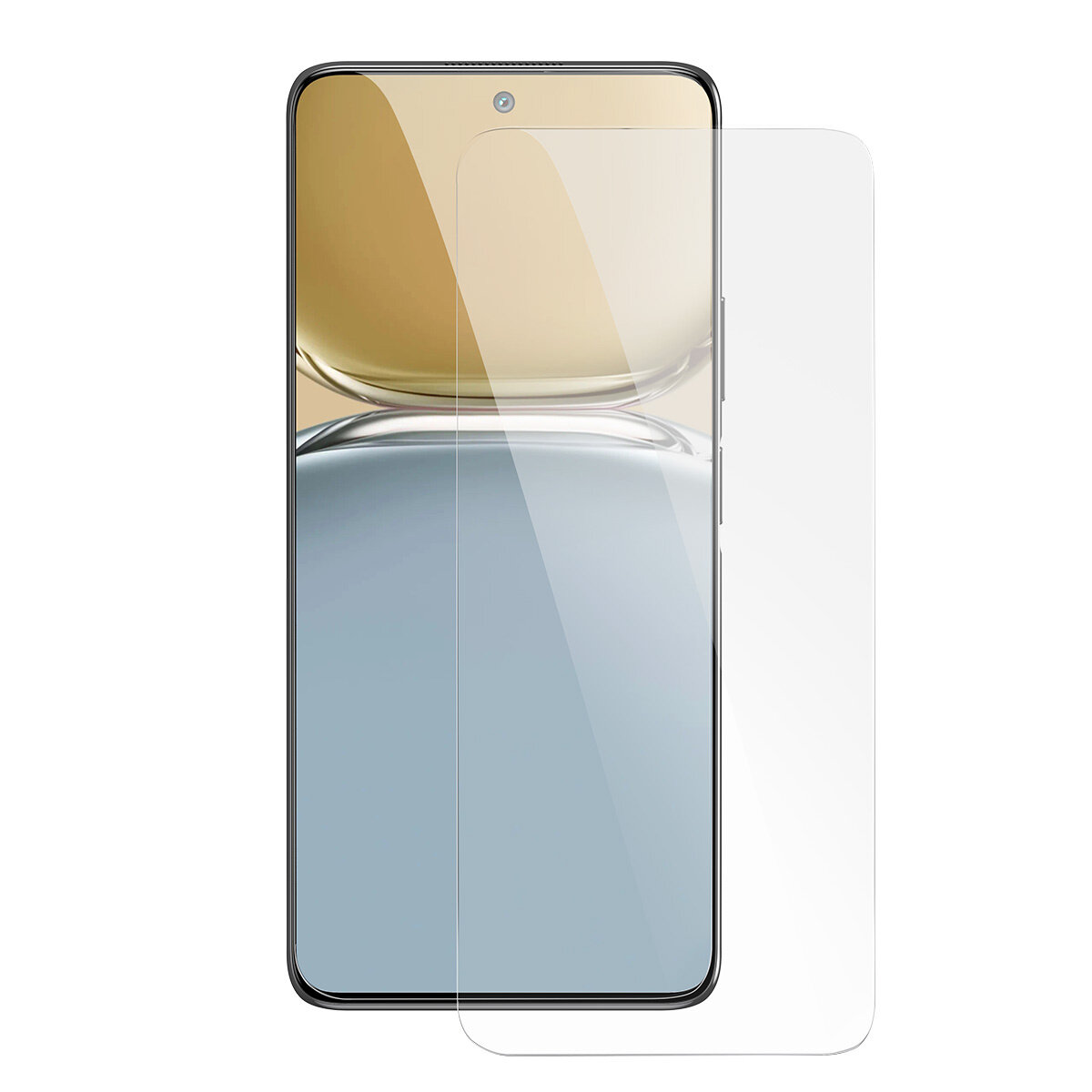 Na obrazie widoczny jest smartfon z nałożonym szkłem hartowanym, które jest przezroczyste. Szkło jest cienkie i dopasowane do ekranu urządzenia.
