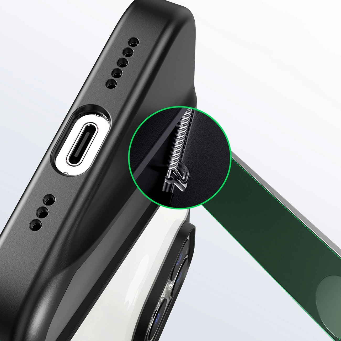 Obraz przedstawia czarne etui ochronne z żelową ramką i wbudowaną podstawką, przeznaczone do iPhone 14 Pro. Widoczny jest port ładowania oraz zbliżenie na metalowy element z logo \'Ugreen\'.