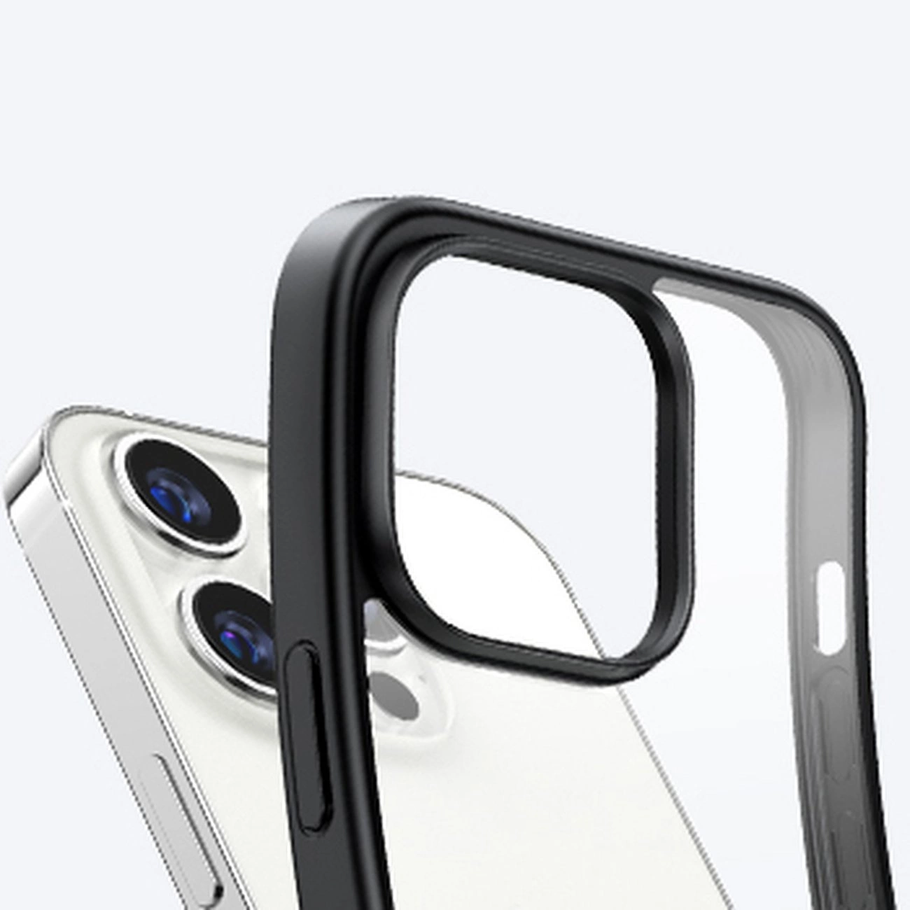 Obraz przedstawia czarne etui ochronne z żelową ramką i wbudowaną podstawką, przeznaczone do iPhone 14 Pro. W tle widoczny jest fragment telefonu z dwoma obiektywami aparatu.
