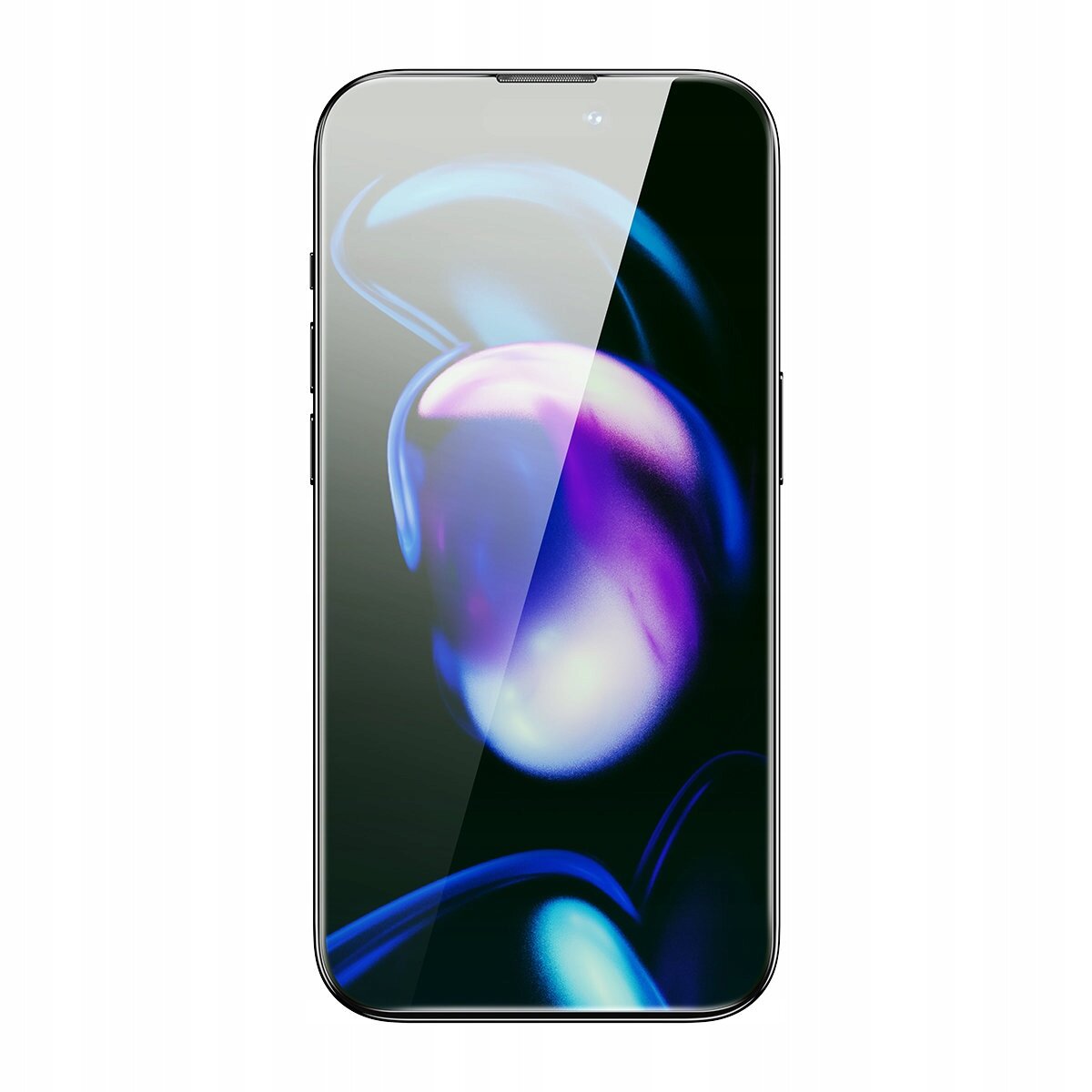 Smartfon z wyświetlaczem pokazującym abstrakcyjną grafikę w odcieniach fioletu i niebieskiego. Ekran jest otoczony cienką ramką.