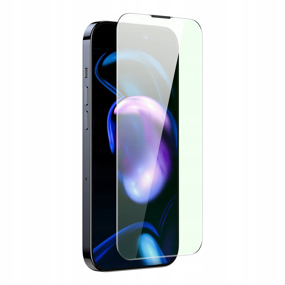 Na obrazie widoczny jest smartfon z nałożonym szkłem hartowanym, które jest lekko uniesione nad ekranem. Ekran telefonu wyświetla abstrakcyjne, kolorowe wzory.