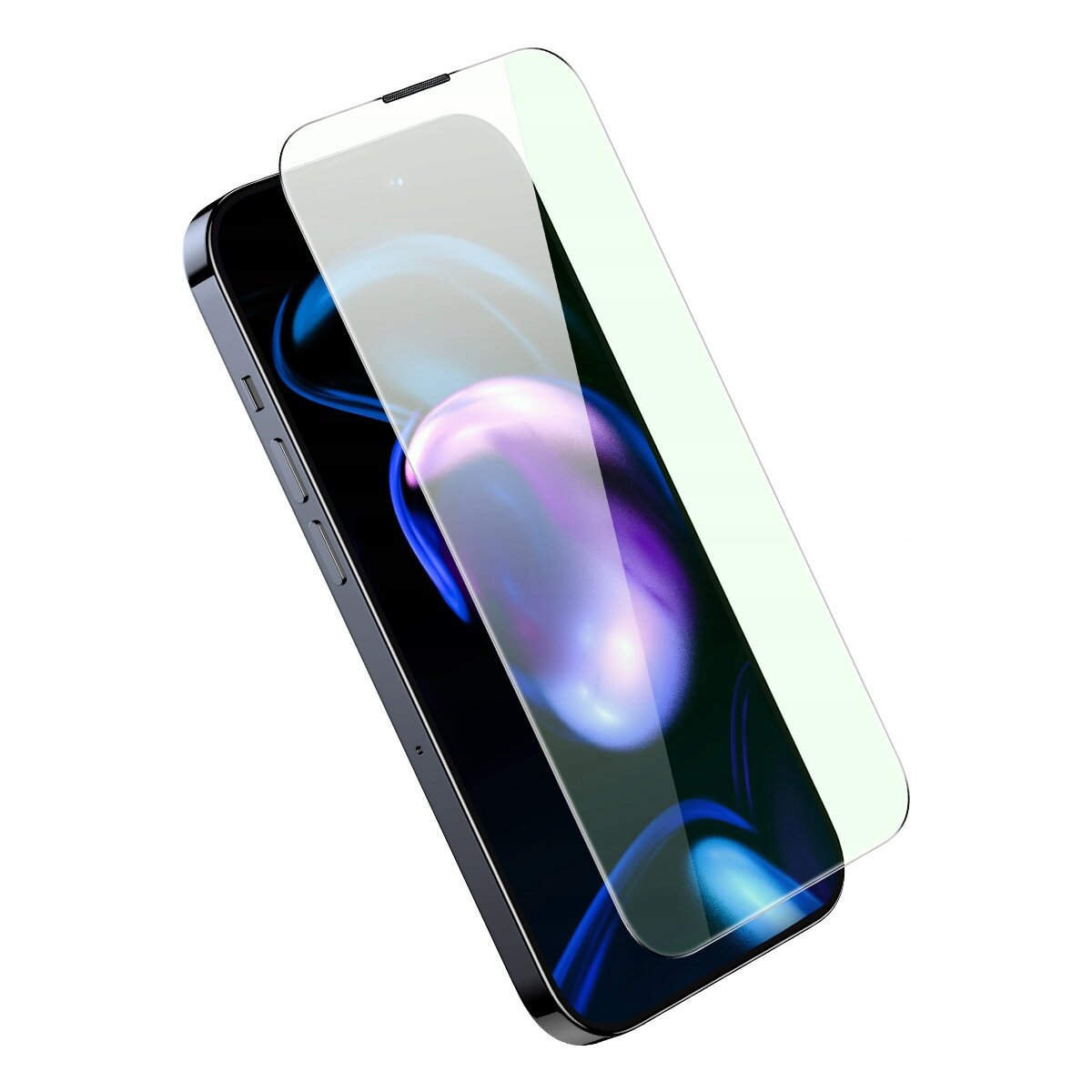 Na obrazie widoczny jest smartfon z nałożonym szkłem hartowanym, które jest lekko uniesione nad ekranem. Szkło jest przezroczyste, a ekran telefonu wyświetla kolorowe, abstrakcyjne wzory.