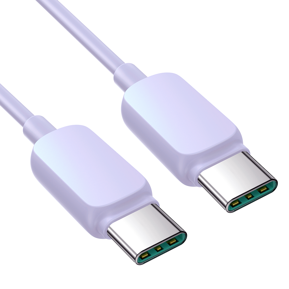 Obraz przedstawia dwa białe kable USB C z metalowymi końcówkami, ułożone równolegle obok siebie.