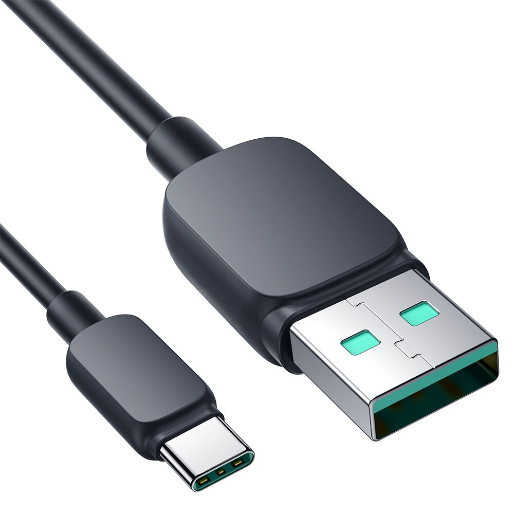 Obraz przedstawia czarny kabel z dwoma końcówkami: USB-A i USB-C. Końcówka USB-A ma metaliczną obudowę z zielonymi elementami wewnętrznymi.