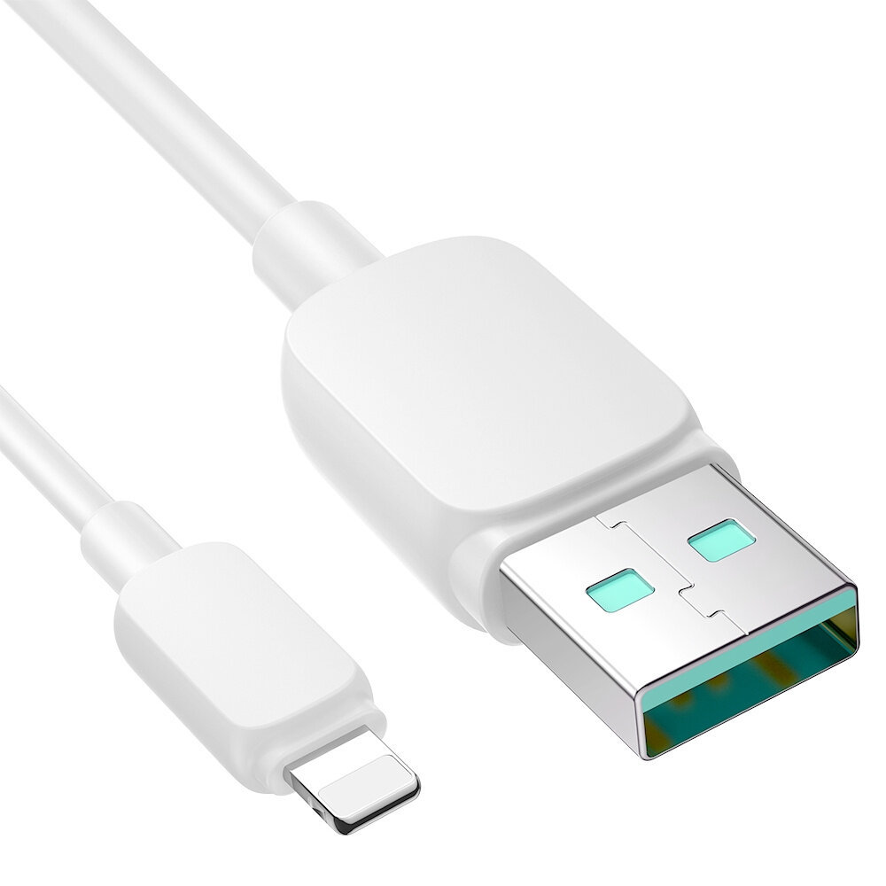 Na obrazie widoczny jest biały kabel z końcówkami USB i Lightning. Wtyczka USB ma metalowe wykończenie z zielonym wnętrzem.