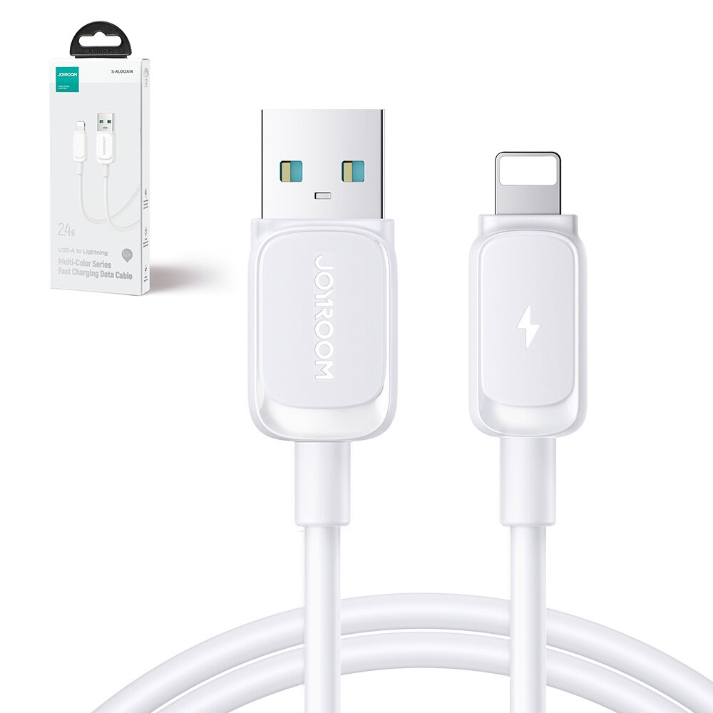 Na obrazie widoczny jest biały kabel USB-Lightning z logo \'JOYROOM\' na wtyczce USB oraz symbolem błyskawicy na wtyczce Lightning. W tle znajduje się opakowanie produktu z napisem \'USB to Lightning Multi-Color Series Fast Charging Data Cable\'.