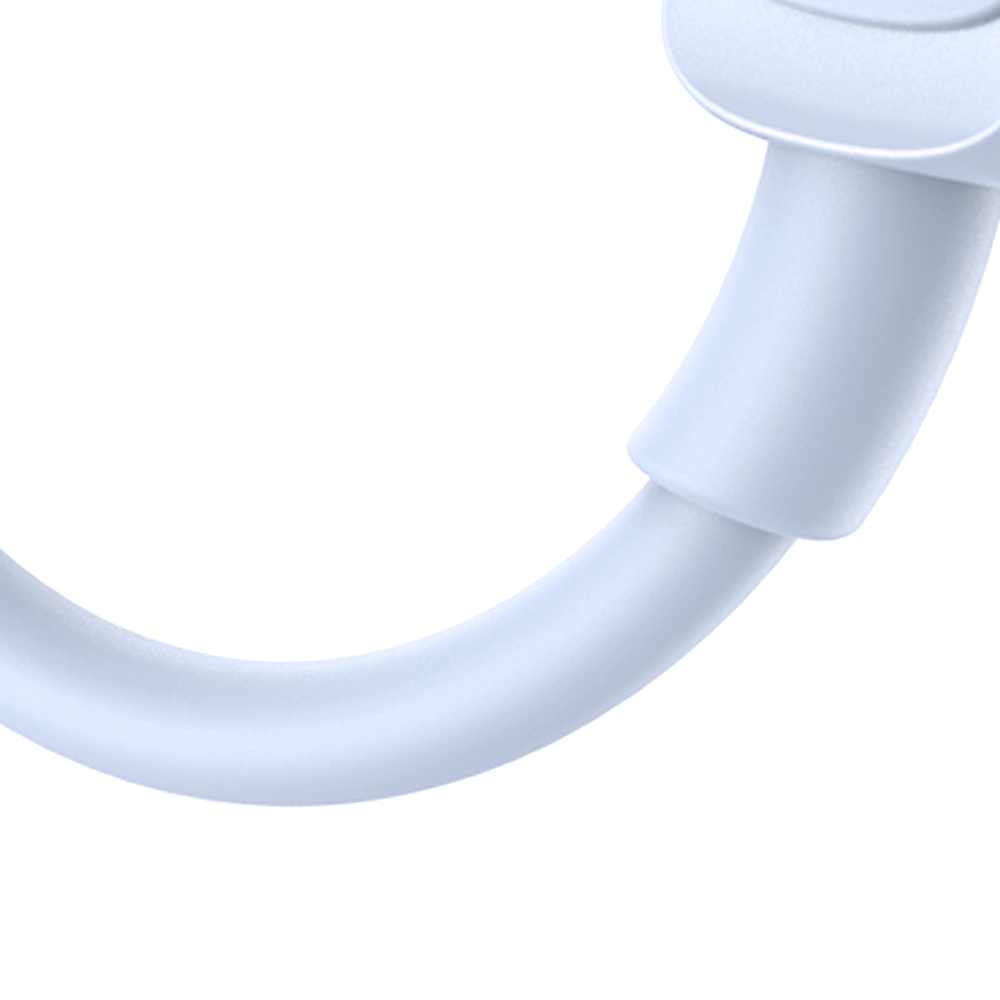 Obraz przedstawia biały kabel z zaokrąglonym złączem, prawdopodobnie USB C lub Lightning.